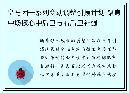 皇马因一系列变动调整引援计划 聚焦中场核心中后卫与右后卫补强