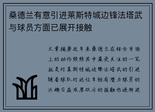 桑德兰有意引进莱斯特城边锋法塔武与球员方面已展开接触
