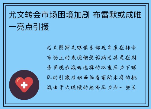 尤文转会市场困境加剧 布雷默或成唯一亮点引援