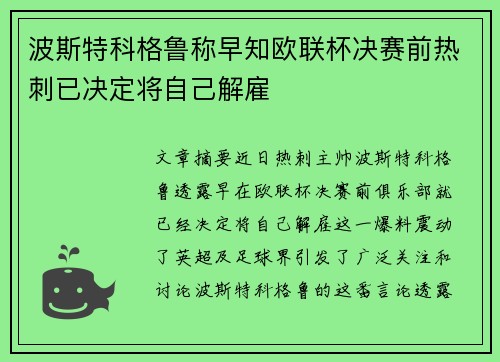波斯特科格鲁称早知欧联杯决赛前热刺已决定将自己解雇