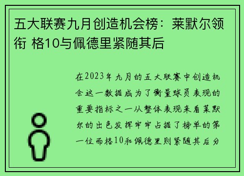 五大联赛九月创造机会榜：莱默尔领衔 格10与佩德里紧随其后